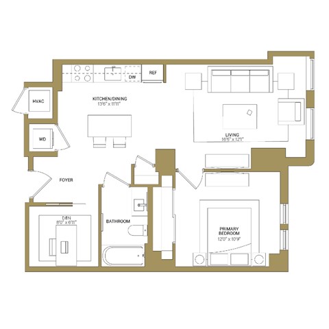 A floor plan of a house with a living room, dining room, kitchen, bathroom, and bedrooms.